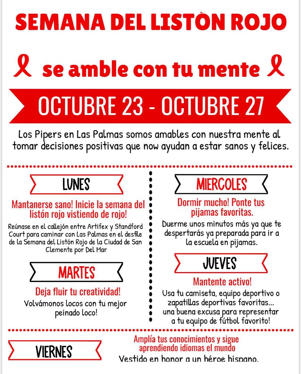 Las Palmas Elementary School PTA - 🎀 Red Ribbon Week Coming up Oct 24th -  28th. 🎀Semana del Listón Rojo 🎀